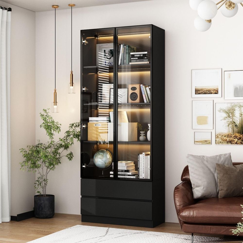Lighting & Home Decor Studio Photos - Black 4-Tier Display Cabinet with Glass