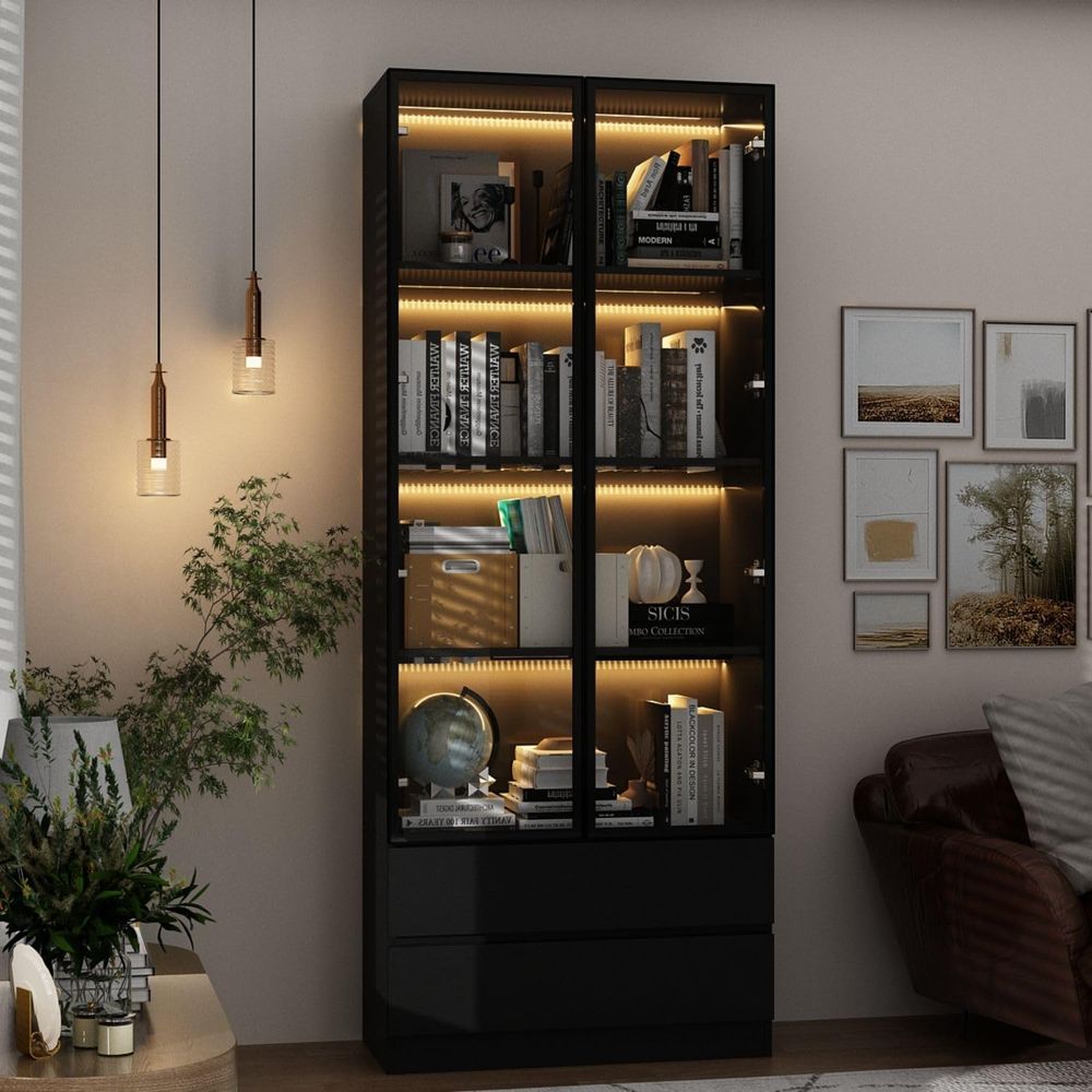 Black 4-Tier Display Cabinet w - Lighting & Home Decor Studio Photos 评论和价格